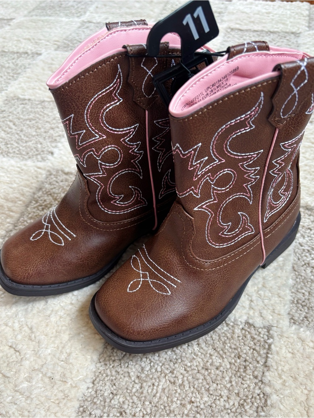 Wonder Nation Toddler Little Girl Western Cowgirl Boots Brown Pink Stitching NWT - Picture 6 of 10